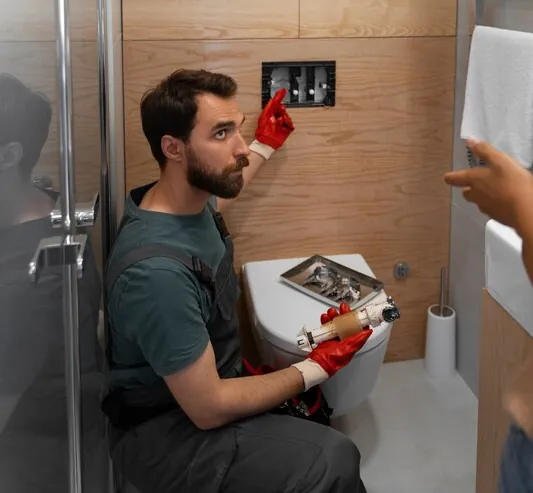 Plumber in red gloves next to the toilet, explaining to the homeowner what he found in the pipework