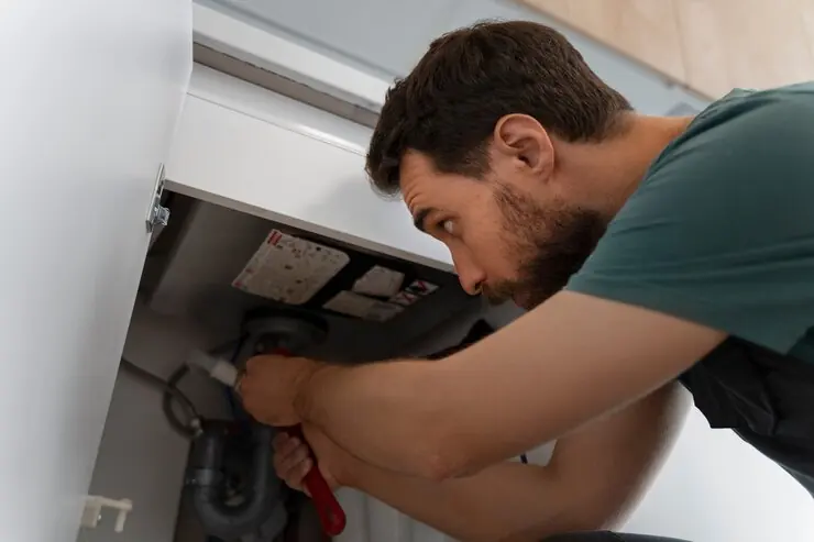 Plumber taking apart the trap under a kitchen sink