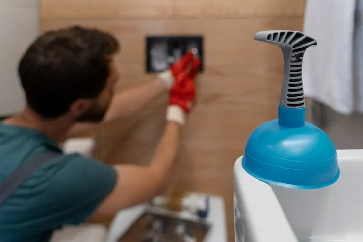 Drain pump on the edge of the bath, with the plumber working on the toilet flap in the background